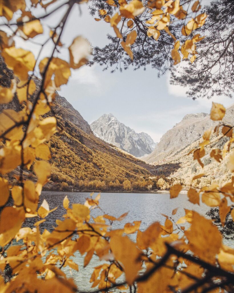Beautiful autumn scene with vibrant leaves framing a serene mountain lake in Russia.