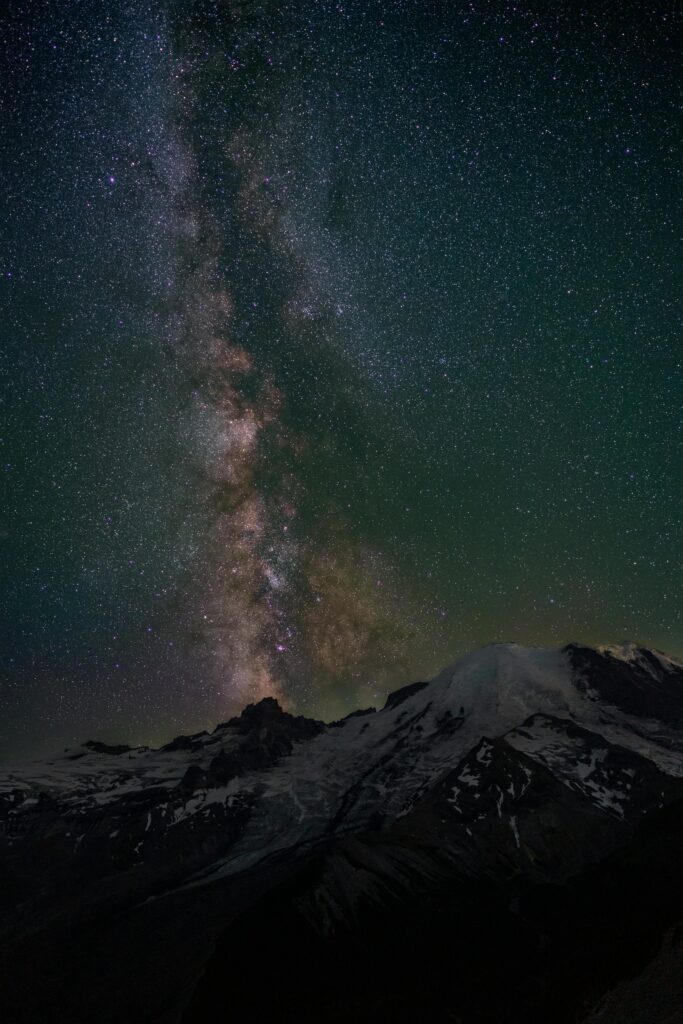 A mesmerizing view of the Milky Way over snow-capped mountains under a starry night sky.